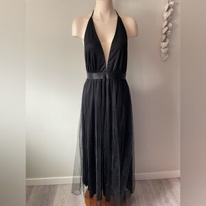 Miss Ord Black Tulle Maxi Dress Goth Gothic Glam Open Back Halter Size Large NWT
